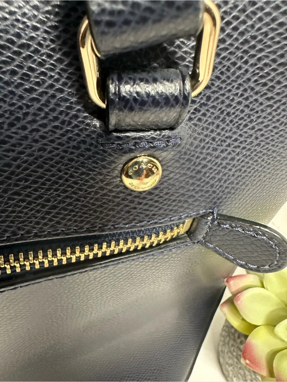 Coach Navy Pebbled Leather Tote with Tag and Gold Accent